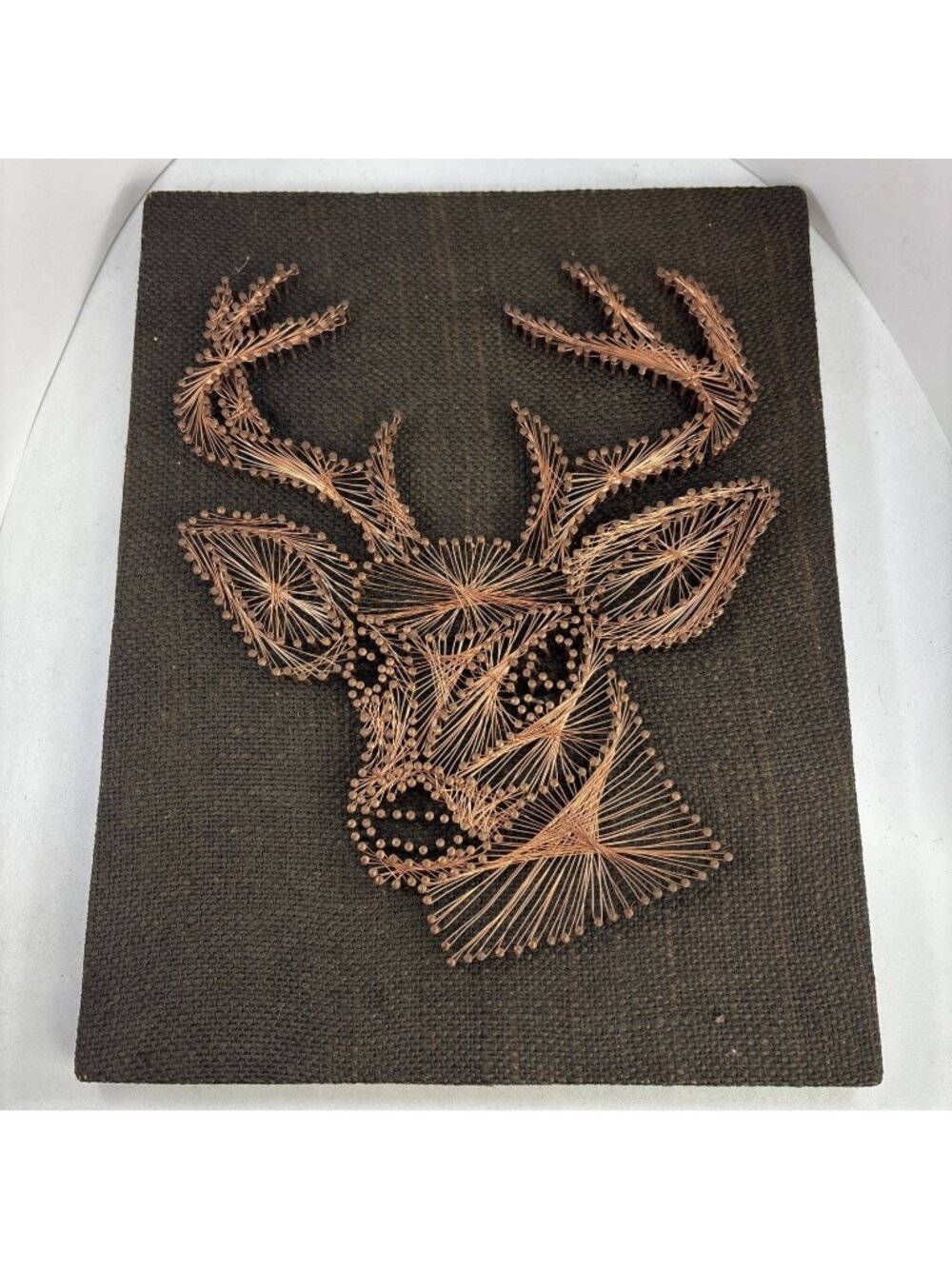 Vintage Deer Stag Buck Head Art Copper Wire Nail Art Canvas Wood Mounted 14x11” - Picture 1 of 5